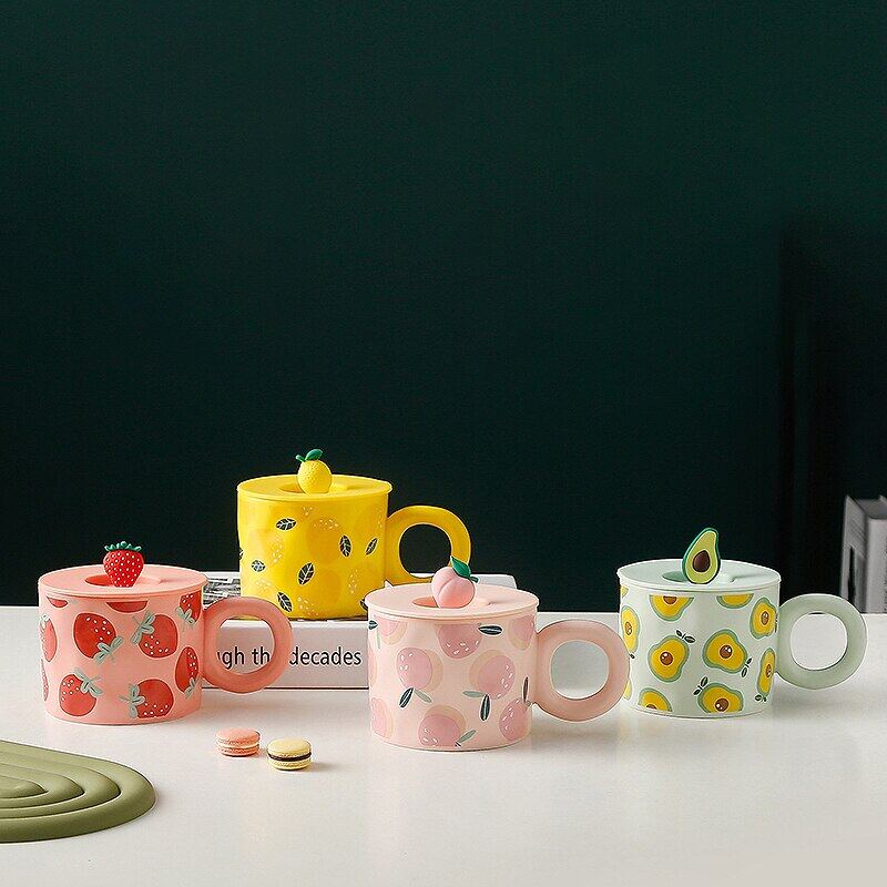 Creative Fruit Shape Mug With Lid Large Capacity Drinking Cup Home Office Ceramic Breakfast Milk Water Juice Cup Couple Gift Hot
