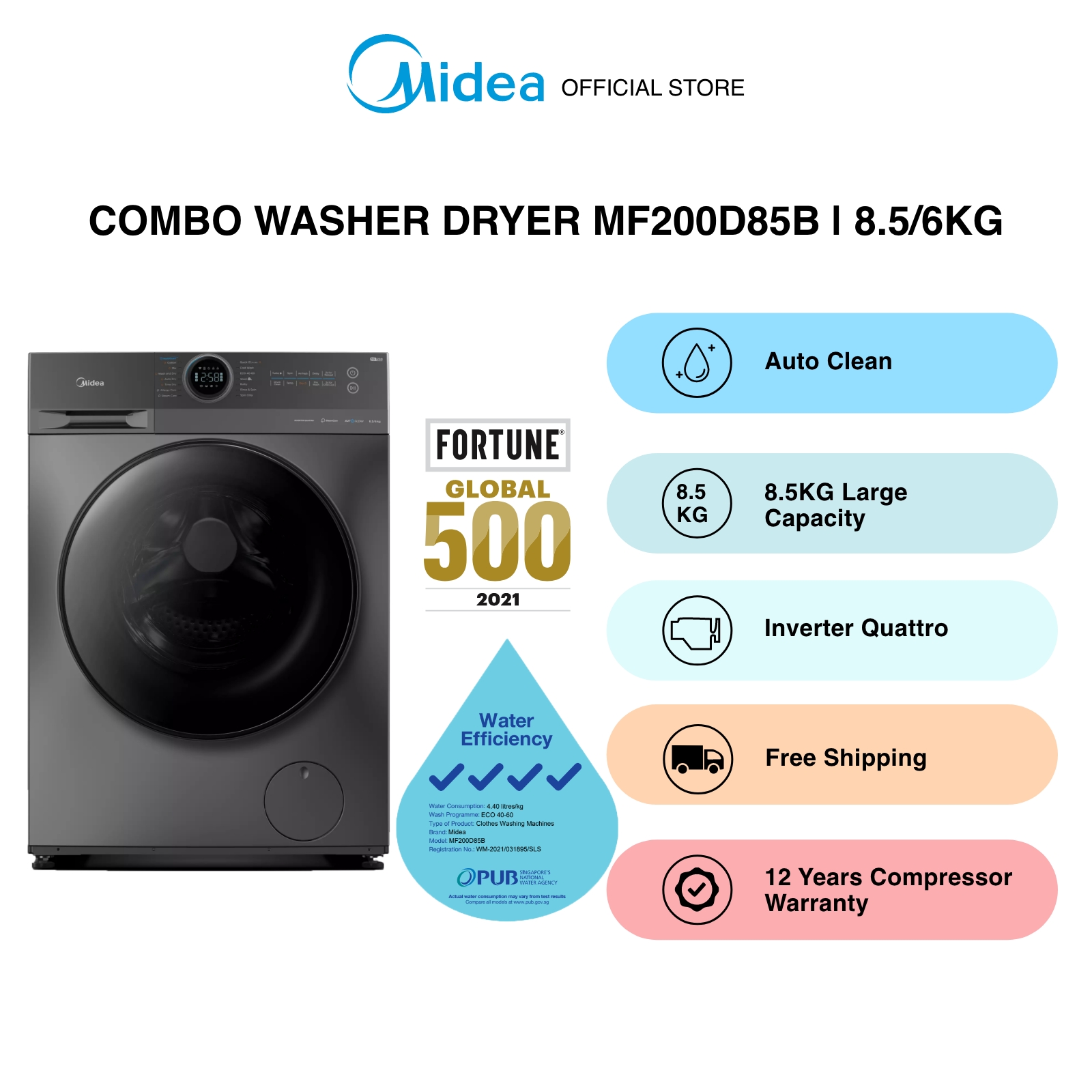 [Bulky] Midea MF200D85B Dark Grey Washer-Dryer Combo, 8.5kg, Water Efficiency 4 Ticks